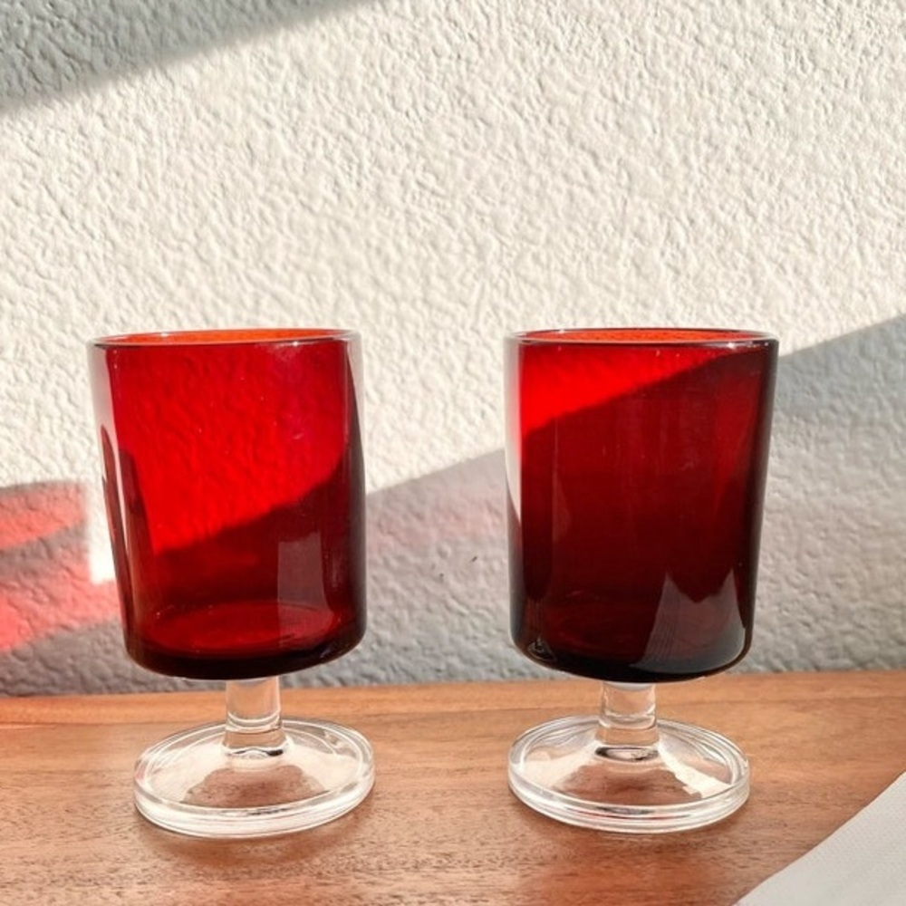VINTAGE LUMINARC Ruby Red Cordial Liquor Glasses Marked France Set of 2